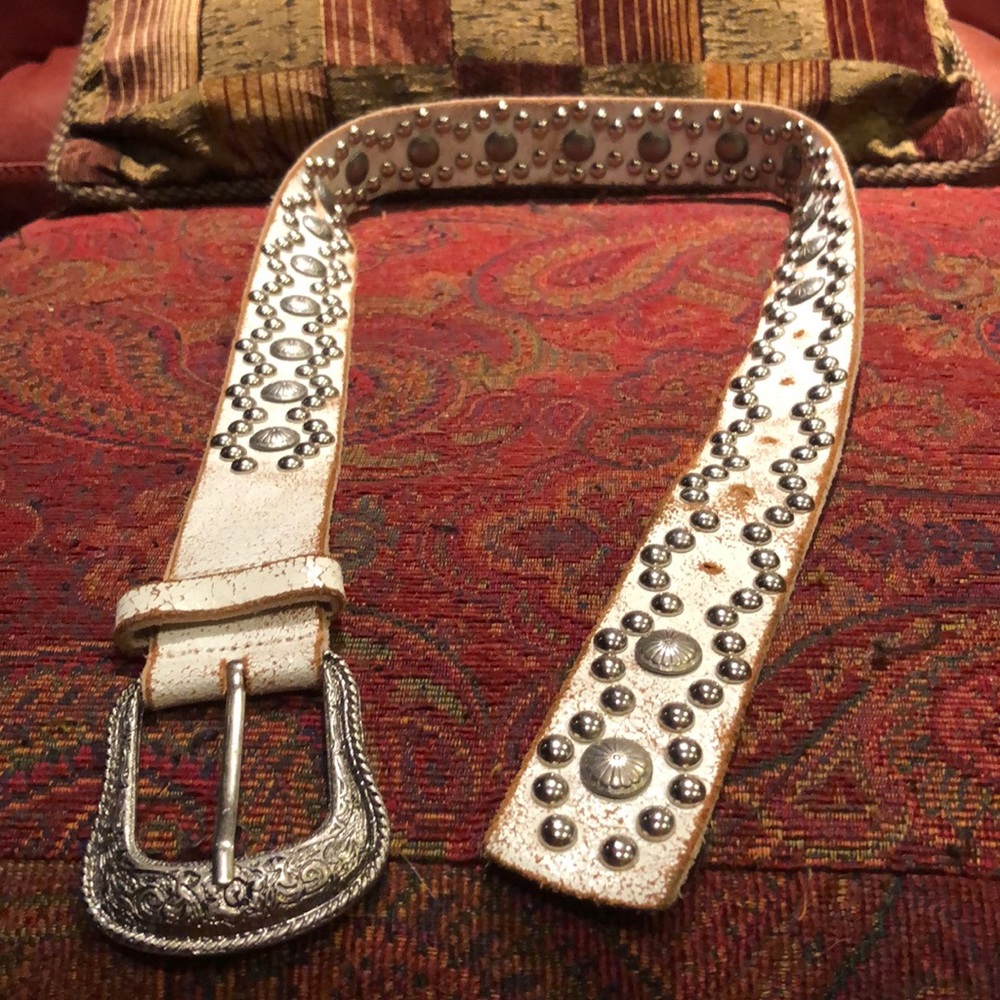 Western Studded Belt - Distressed White Leather